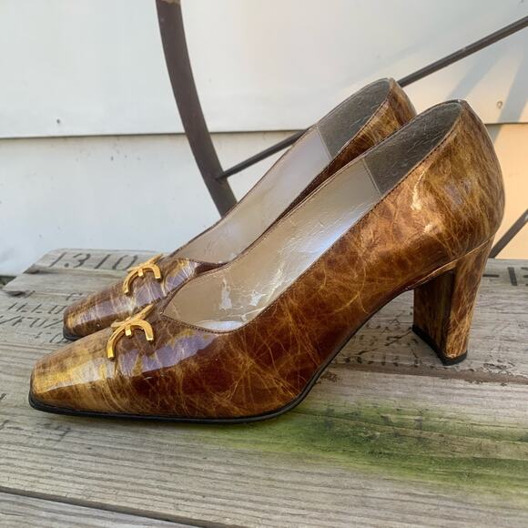 Vintage 90s J Renee gold marble metallic square toe faux buckle block heels 8M - Picture 5 of 6